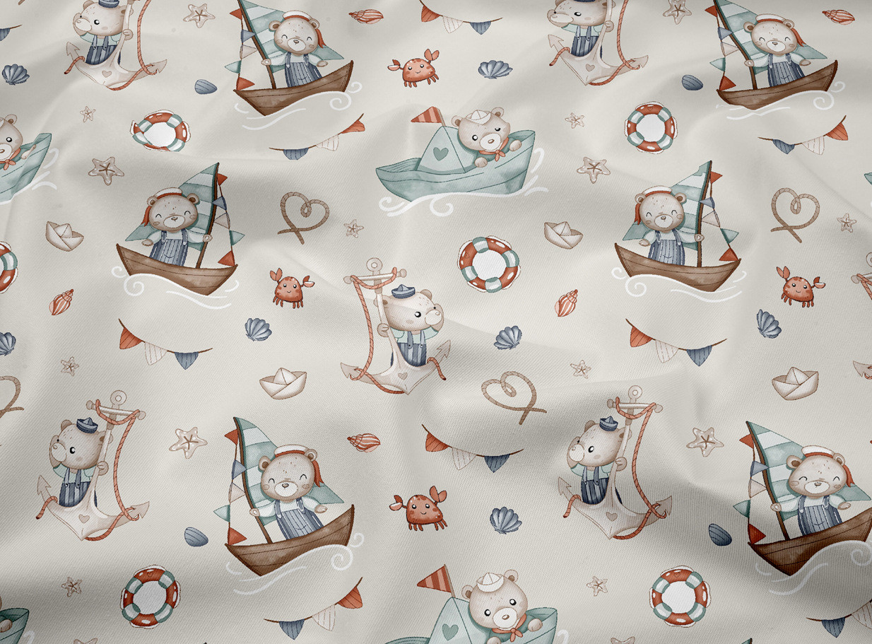 Сатин "Ведмедики в корабликах" на бежевому фоні № SK-160-014a, фото 1