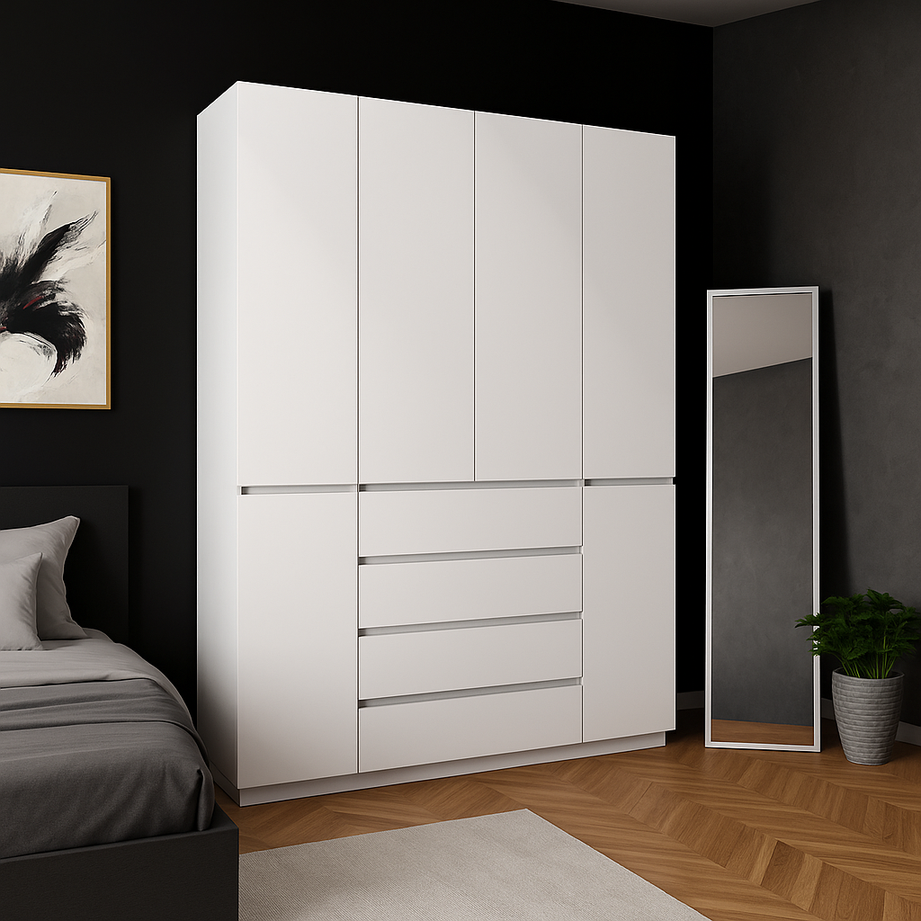 Розпашна біла чотирьохдверна шафа 160 см у спальню з полицями, шухлядами та штангою для одягу FLASHNIKA HOLD №47, фото 1