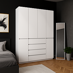 Розпашна біла чотирьохдверна шафа 160 см у спальню з полицями, шухлядами та штангою для одягу FLASHNIKA HOLD №47