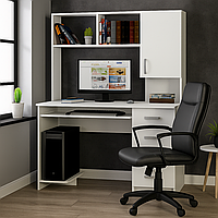 Білий письмовий комп'ютерний стіл 120 см з шухлядами полицею для клавіатури місцем для системного блока LED 32