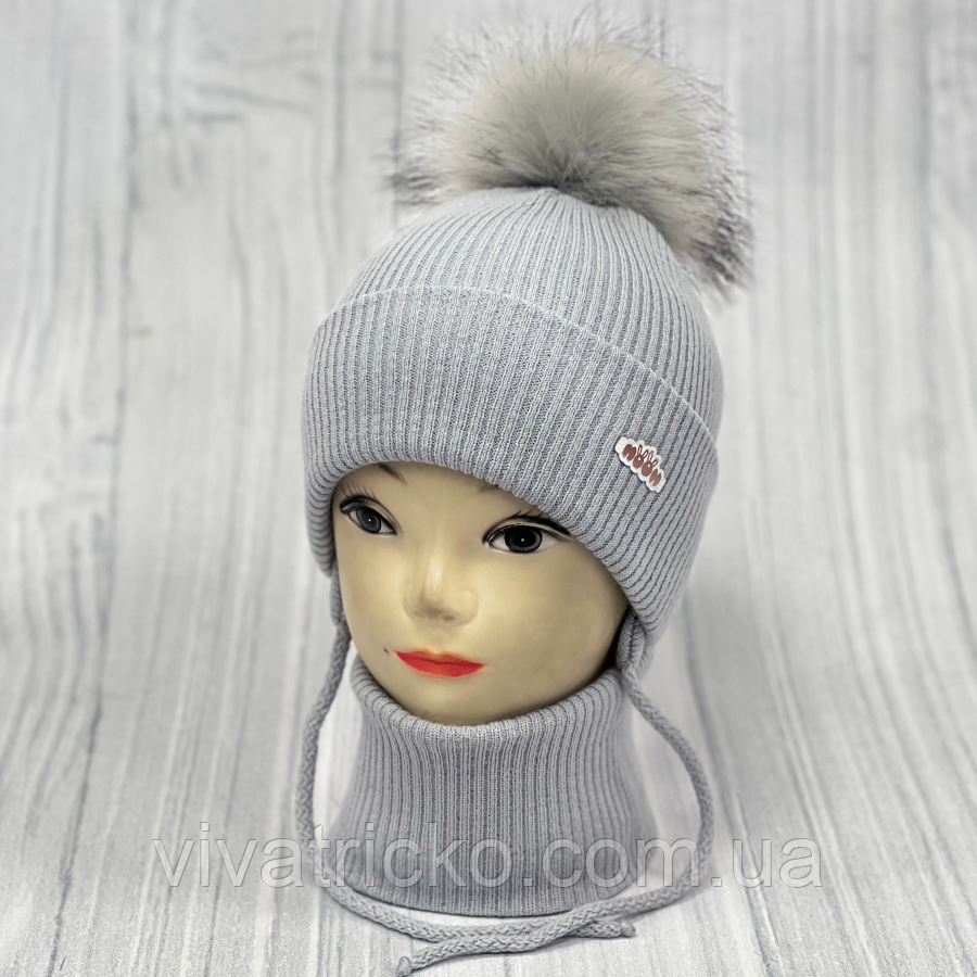 М 89057 Комплект для дівчинки: шапка з помпоном, вушками і завязками  і баф, 2-6 років, різні кольори, фото 1