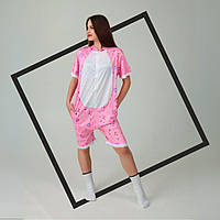 Летний кигуруми единорог розовый с коротким рукавом на пуговицах и с карманами кегуруми 5013