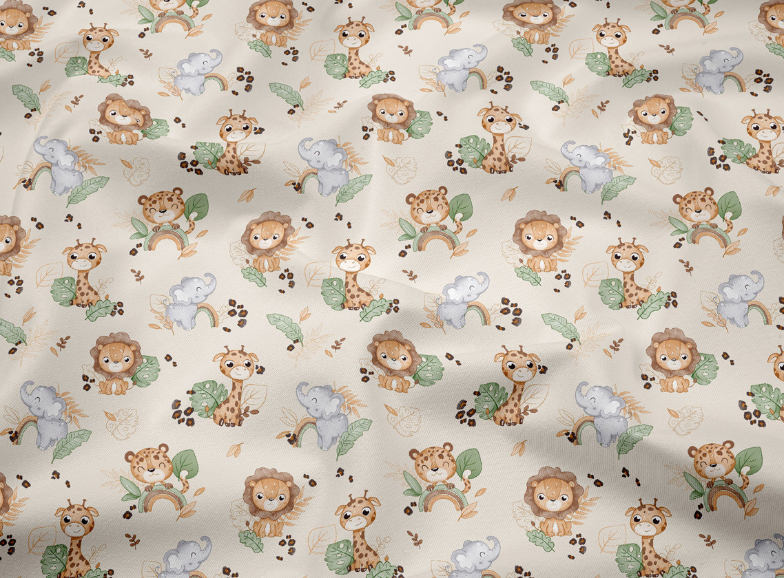 Сатин "Тигри на веселках, жирафи, леви та слони" на світло-бежевому фоні № SK-160-021, фото 1