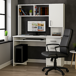 Великий білий комп'ютерний стіл для ПК 120 см з надбудовою, тумбою і полицею для системного блоку LED 32