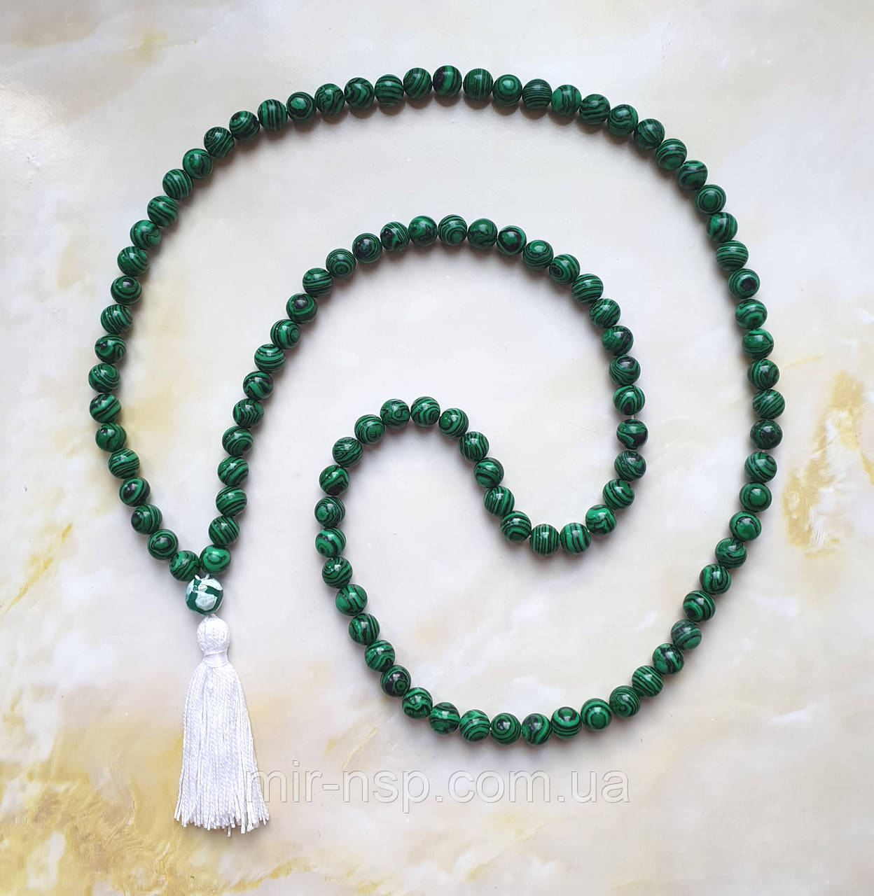 Мала чотки 108 намистин натуральний малахіт (прес) 8 мм з бусиною Дзі Черепаха вага 70г, фото 1