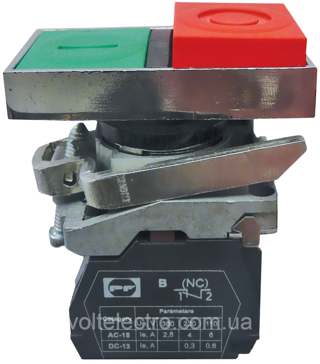 Вимикач кнопковий металевий FP4-BW8425230 1NO 1NC (зел-червон), фото 1