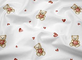 Сатин "Ведмедики з червоним серцем" у сердечках на білому № SK-160-023