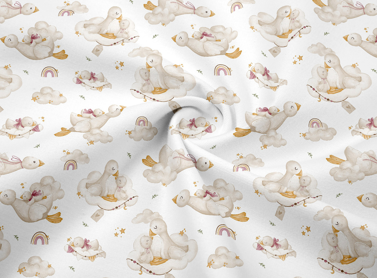 Сатин "Гусь-обнімусь" з рожевим бантом на білому тлі № SK-160-024, фото 1