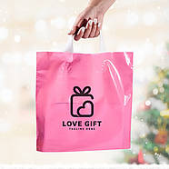 Рожевий брендований пакет розміром 30×30 см з білою ручкою петля Навантаження до 4 кг Щільність 60 мкм, фото 2