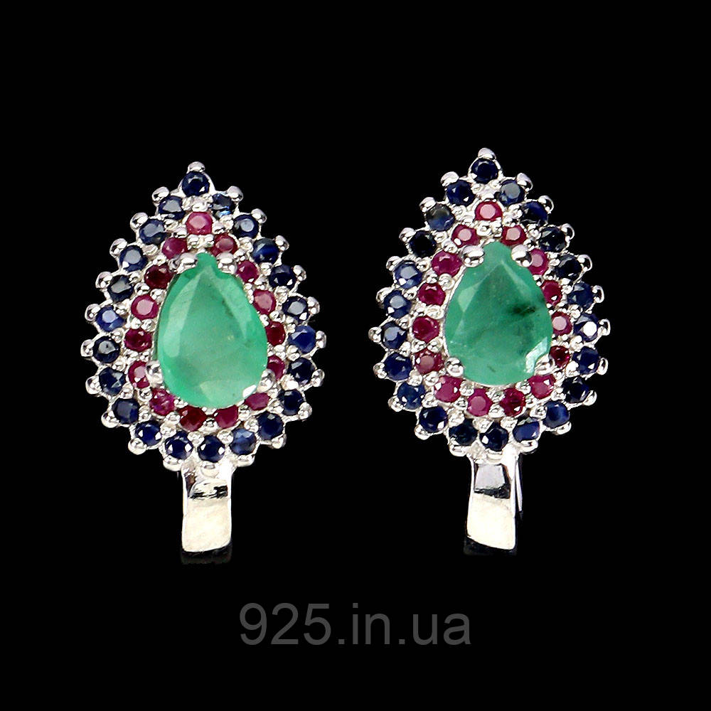Сережки. Натуральний смарагд, сапфір і рубін. Срібло 925., фото 1