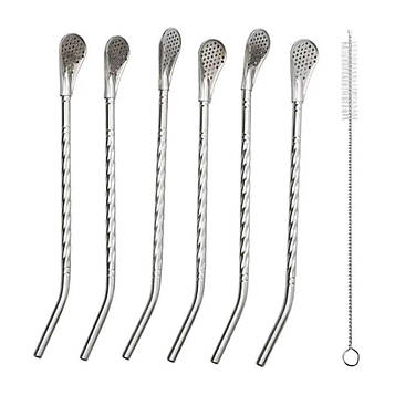 Набір багаторазових ложок-трубочок 6 шт для напоїв 19.5 см зі щіткою для миття з нержавіючої сталі Сірий HP-20-54