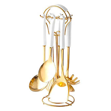 Набір кухонного приладдя на підставці 7 предметів кухонні аксесуари на підставці Білий із золотом HP-20-65