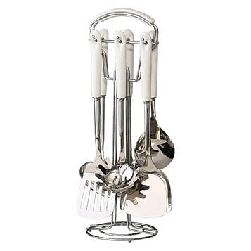 Набір кухонного приладдя на підставці 7 предметів кухонні аксесуари на підставці Білий із сріблястим HP-20-70