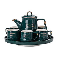 Чайний набір на 6 персон із заварювальним чайником та порцелянаовою підставкою Зелений HP-15-6