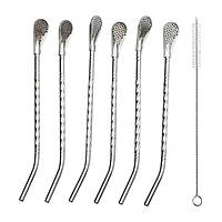 Набір багаторазових ложок-трубочок 6 шт для напоїв 19.5 см зі щіткою для миття з нержавіючої сталі Сірий HP-20-54