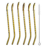 Набір багаторазових ложок-трубочок 6 шт для напоїв 19.5 см зі щіткою для миття з нержавіючої сталі Бронзовий HP-20-55