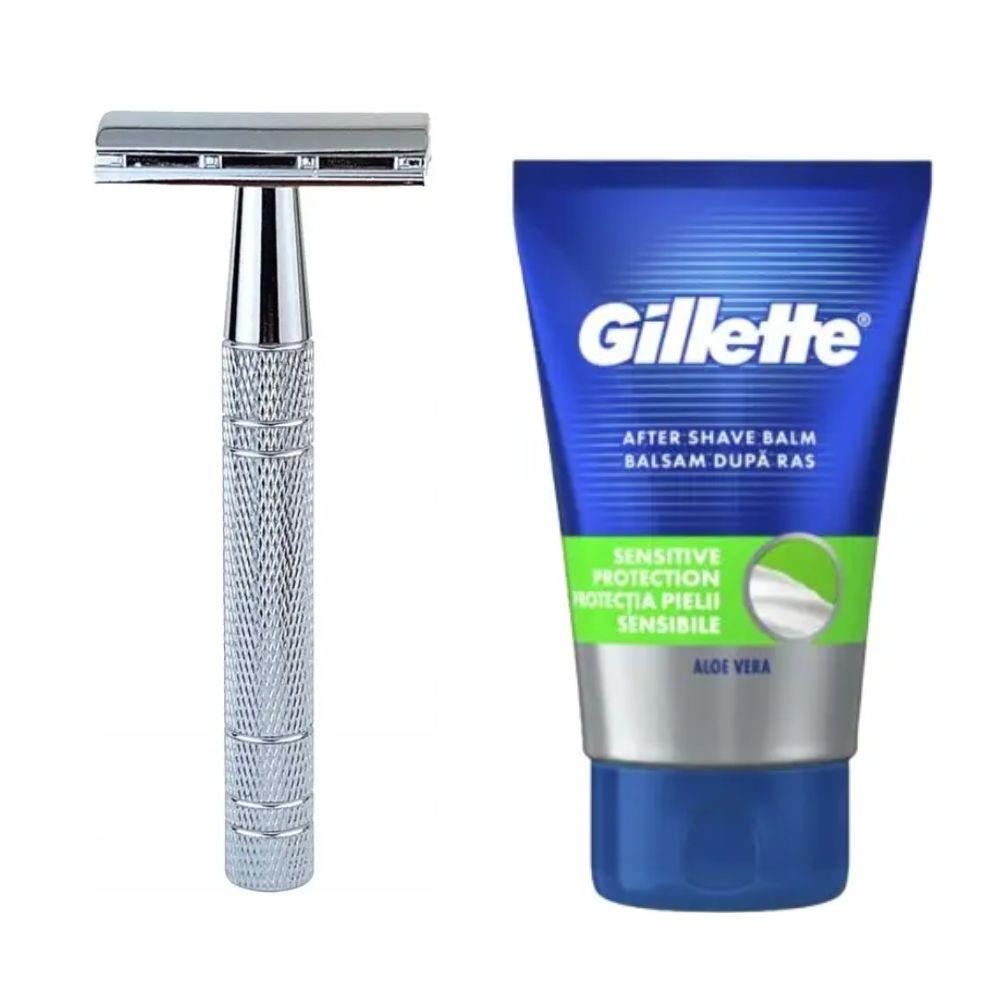 Класична Т-подібна бритва+10 лез + бальзам після гоління Gillette Sensitive Protection 100 мл, фото 1