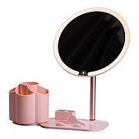 Дзеркало для макіяжу з підсвічуванням кругле настільне Ø21 см з підставкою Рожеве HP-10-9AP