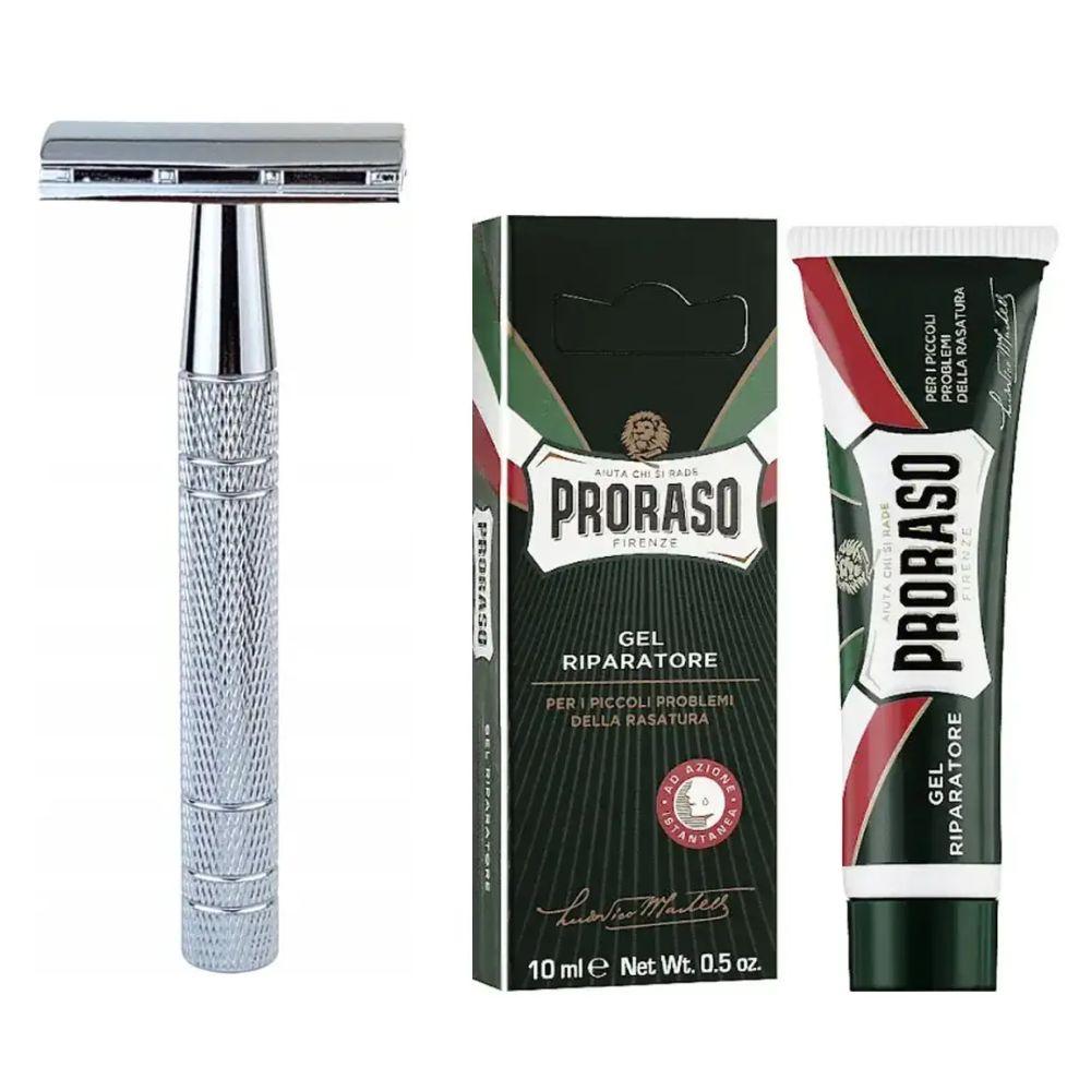 Класична Т-подібна бритва+10 лез + гель від порізів Proraso Razor Cut Repair Gel, фото 1