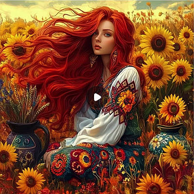 Набір для вишивання за нанесеною на канву схемою "Дівчина в морі соняшників".AIDA 14CT printed, 40*40 см