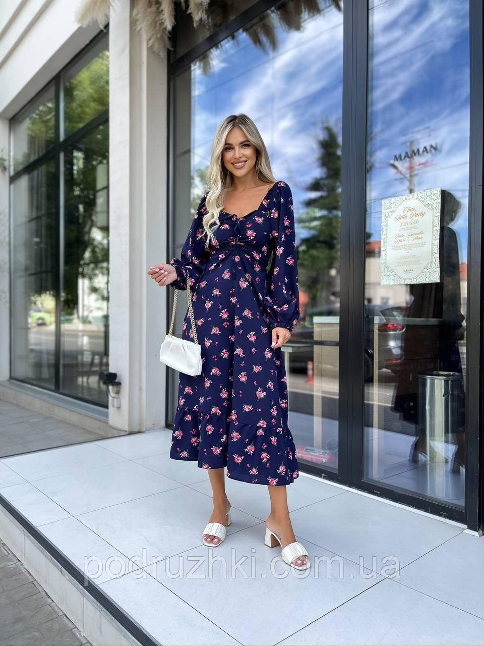 Стильна сукня міді з квітковим принтом та шнурівкою на декольте і спинці, тканина софт, розміри 42-46, 48-52, фото 1