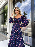 Стильна сукня міді з квітковим принтом та шнурівкою на декольте і спинці, тканина софт, розміри 42-46, 48-52, фото 7