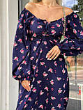 Стильна сукня міді з квітковим принтом та шнурівкою на декольте і спинці, тканина софт, розміри 42-46, 48-52, фото 3