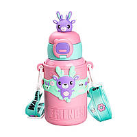 Термос із трубочкою для дітей 450 (мл) із силіконовим чохлом з ремінцем Рожевий для дівчинки HP18308P