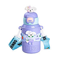 Термос поїльник з трубочкою з ремінцем та силіконовим чохлом дитячий 450 (мл) Фіолетовий HP18308V