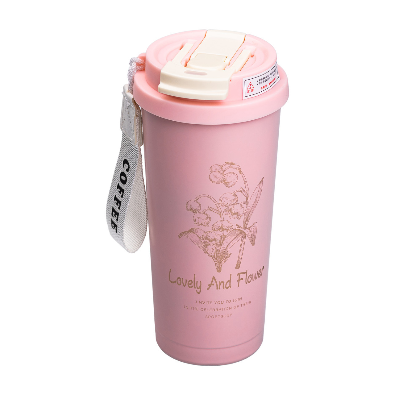 Термочашка Flower Style з ремінцем 500 мл рожева HP-14-52P, фото 1