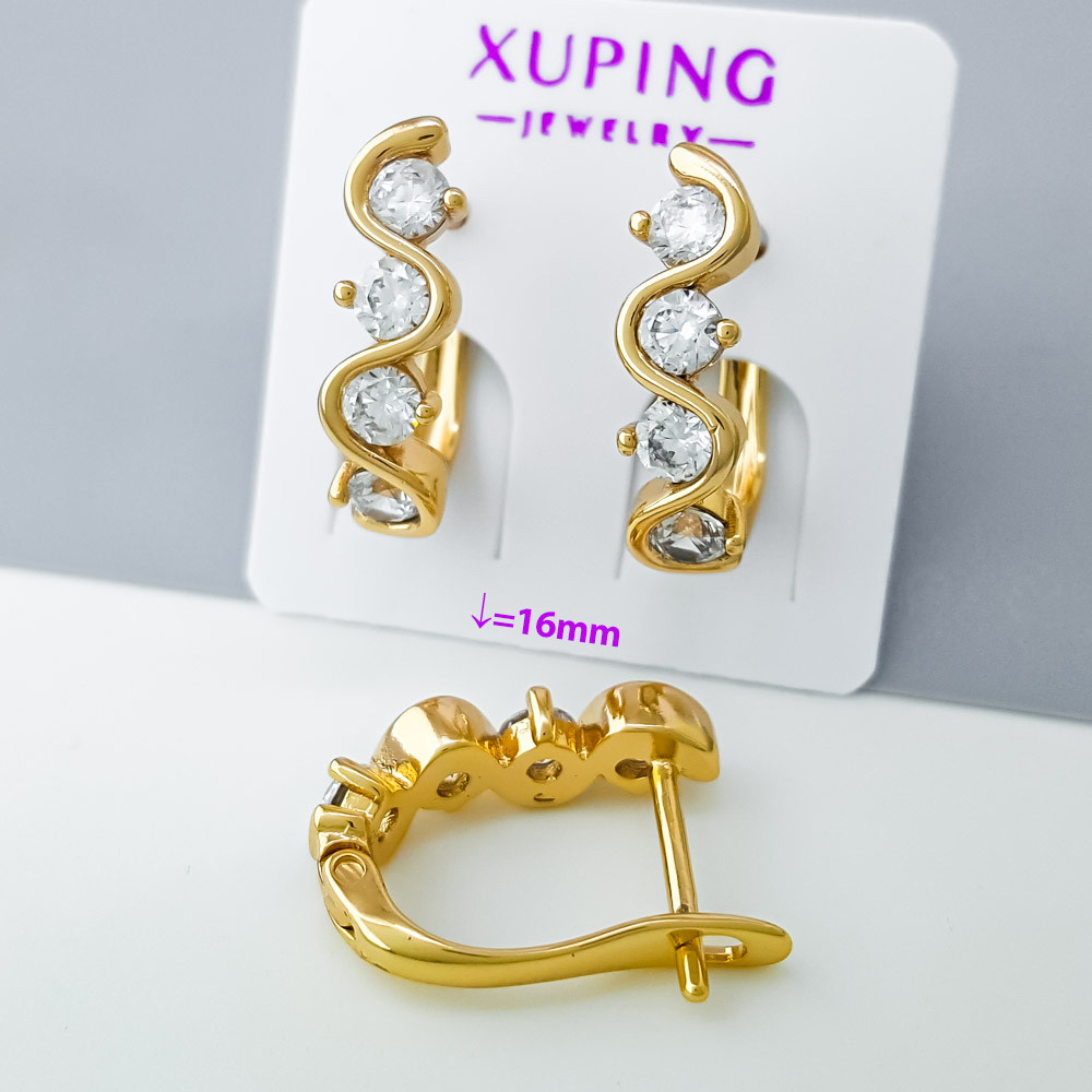Сережки Хвиля на 4 цирконія, медзолото Xuping, англ.замок, позолота 18K, фото 1