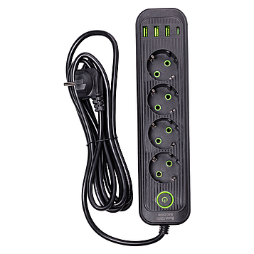 Мережевий фільтр 2.8 м подовжувач на 4 розетки з 3 USB 1 Type-C та кнопкою відключення HP-5-13MF