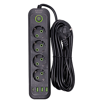 Мережевий фільтр 4.35 м подовжувач на 4 розетки з 3 USB 1 Type-C та кнопкою відключення HP-5-14