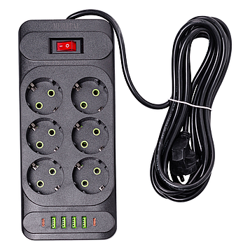 Мережевий фільтр подовжувач 3 м на 6 розеток 4 USB 2 Type-C та кнопкою вимкнення HP-5-15
