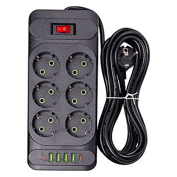 Мережевий фільтр подовжувач 5 м на 6 розеток 4 USB 2 Type-C та кнопкою вимкнення HP-5-16