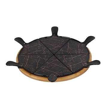 Тарілка для піци 28 см порцелянова з бамбуковою підставкою, що обертається, секційна чорна HP1247