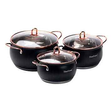 Набір каструль із нержавіючої сталі 2,6 л - 3,6 л - 6,1 л зі скляними кришками HP33525B