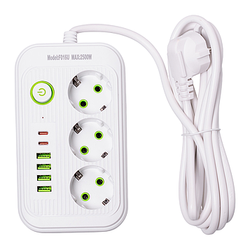 Мережевий фільтр кабель 2,7 м подовжувач F16 на 3 розетки 4 usb 2 type-c та кнопкою відключення Білий HP-5-19