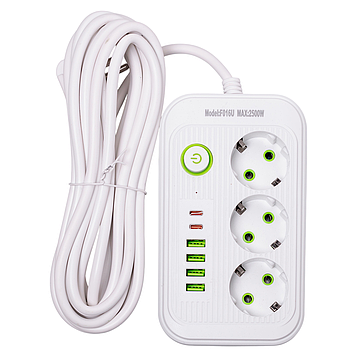 Мережевий фільтр кабель 4.75 м подовжувач F16 на 3 розетки 4 usb 2 type-c та кнопкою відключення Білий HP-5-21