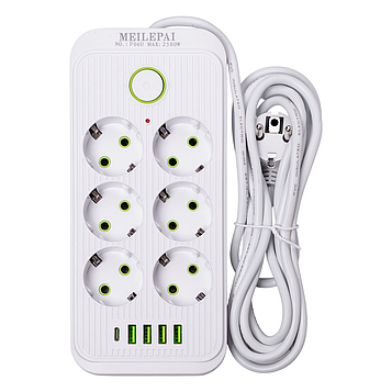 Мережевий фільтр 3 м подовжувач F06U на 6 розеток 4 USB 1 Type-C та кнопкою відключення Білий HP-5-23