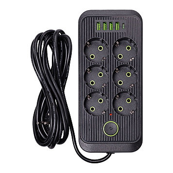 Мережевий фільтр 3 м подовжувач F06U на 6 розеток 4 USB 1 Type-C та кнопкою відключення Чорний HP-5-24