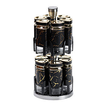 Набір для спецій на підставці 12 баночок по 120 мл, чорний мармур HP1356