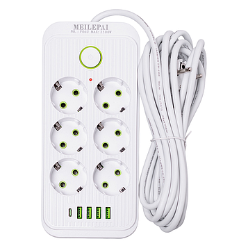 Мережевий фільтр 5 м подовжувач F06U на 6 розеток 4 USB 1 Type-C та кнопкою відключення Білий HP-5-25