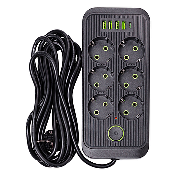 Мережевий фільтр 5 м подовжувач F06U на 6 розеток 4 USB 1 Type-C та кнопкою відключення Чорний HP-5-26