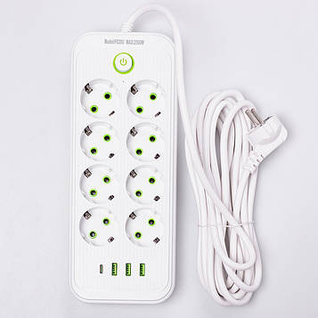 Мережевий фільтр 2.8 м подовжувач на 8 розеток з 3 USB 1 Type-C та кнопкою відключення F20U Білий HP-5-27