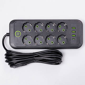 Мережевий фільтр 2.8 м подовжувач на 8 розеток з 3 USB 1 Type-C та кнопкою відключення F20U Чорний HP-5-28