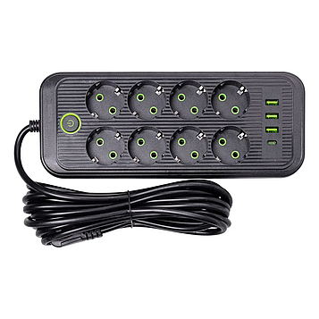 Мережевий фільтр 4.8 м подовжувач на 8 розеток з 3 USB 1 Type-C та кнопкою відключення F20U Білий HP-5-30