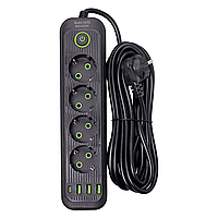 Мережевий фільтр 4.35 м подовжувач на 4 розетки з 3 USB 1 Type-C та кнопкою відключення HP-5-14
