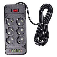 Мережевий фільтр подовжувач 3 м на 6 розеток 4 USB 2 Type-C та кнопкою вимкнення HP-5-15