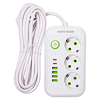 Мережевий фільтр кабель 4.75 м подовжувач F16 на 3 розетки 4 usb 2 type-c та кнопкою відключення Білий HP-5-21